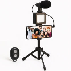 Kit de vlogging pentru filmari video Youtube, TikTok, cu trepied, microfon, panou LED, telecomanda bluetooth, suport reglabil telefon, compatibil cu aparat foto/smartphone