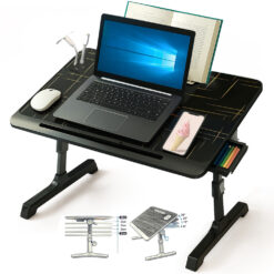 Stand laptop multifunctional tip masuta, Reglabil, Pliabil, 60cm x 40cm x 27cm ~ 40cm, Suport carte, Suport tableta, Sertar depozitare, Negru cu insertii aurii