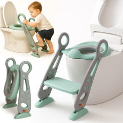 Reductor WC pentru Copii cu Scarita, Linomag®, Plabil, Reglabil pe Inaltime, Colac Moale, 42.6 x 55 x 41.5 cm, Gri / Mint
