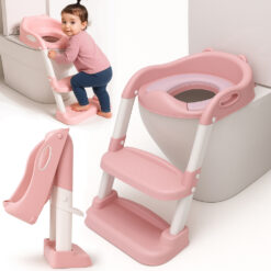 Reductor WC pentru Copii cu Scarita, Linomag®, Plabil, 38 x 40 x 47 cm, Roz / Alb