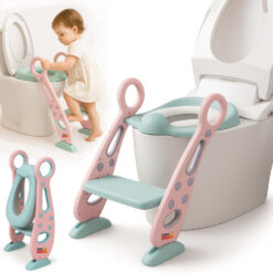 Reductor WC pentru Copii cu Scarita, Linomag®, Plabil, Reglabil pe Inaltime, Colac Moale, 42.6 x 55 x 41.5 cm, Rose / Teal