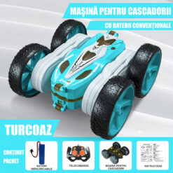 Alternative view of Masina cu telecomanda RC pentru copii, Linomag®, 4WD, Rock Crawler, Off-road, Cascadorii, Controlate prin radio, Drift cu rotire la 360 grade si rasturnari de 180 grade, Lumini si sunete, 4-12 ani, Turcoaz