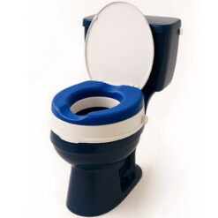 Inaltator WC cu capac Linomag®, 10 cm inaltime, Colac din PU confortabil cu elasticitate moderata, Sistem de prindere reglabil pentru vasul de toaleta, Alb / Albastru