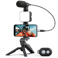 Kit Vlogging Profesional Linomag® pentru filmari video Youtube, TikTok, Telecomanda bluetooth, Trepied pliabil tip pistol, Lampa LED, Microfon, Compatibil cu aparat foto/smartphone