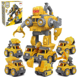 Robot Transformer DIY in 5 Utilaje de Constructii, Linomag®, Basculanta, Betoniera, Excavator, Graifer forestier, Drill, Surubelnita Inclusa, + 3 Ani, Galben, 29x15.7x23cm