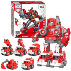 Robot Transformer DIY in 5 Masini de Pompieri, Linomag®, Camion cu macara, Excavator, Platforma lucru la inaltime, Tanc de apa, Camion de stropire, Surubelnita Inclusa, + 3 Ani, Rosu, 31.5x15.7x21.5cm