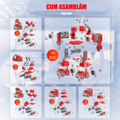 Alternative view of Robot Transformer DIY in 5 Masini de Pompieri, Linomag®, Camion cu macara, Excavator, Platforma lucru la inaltime, Tanc de apa, Camion de stropire, Surubelnita Inclusa, + 3 Ani, Rosu, 31.5x15.7x21.5cm