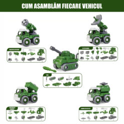 Alternative view of Robot Transformer DIY in 5 Masini Militare, Linomag®, Vehicul artilerie, Tun cu apa, Lansator de rachete, Sistem radar, Tanc, Surubelnita Inclusa, + 3 Ani, Verde, 31.5x15.7x21.6cm