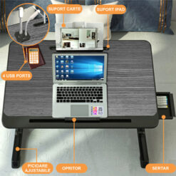 Alternative view of Stand laptop multifunctional tip masuta, Linomag®, Reglabil, Pliabil, 60cm x 40cm x 27cm ~ 40cm, Suport carte, Suport tableta, Sertar depozitare, Negru/Gri