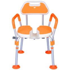 Scaun de baie/dus din aluminiu, Linomag®, Reglabil pe inaltime, Ventuze de prindere, Spatar, Manere detasabile, Suport dus, Spalare multi-directionala, Pentru varstnici si persoane cu dizabilitati, Portocaliu