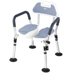 Scaun de baie/dus din aluminiu, Linomag®, Reglabil pe inaltime, Ventuze de prindere, Spatar, Manere detasabile, Suport dus, Spalare multi-directionala, Pentru varstnici si persoane cu dizabilitati, Gri