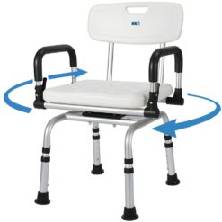 Scaun de baie/dus rotativ, Linomag®, Reglabil pe inaltime, Ventuze de prindere, Spatar, Sezut moale, Manere rabatabile, Rotatie 360°, din Aluminiu, Pentru varstnici si persoane cu dizabilitati, Alb/Negru