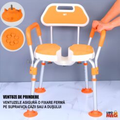 Alternative view of Scaun de baie/dus din aluminiu, Linomag®, Reglabil pe inaltime, Ventuze de prindere, Spatar, Manere detasabile, Suport dus, Spalare multi-directionala, Pentru varstnici si persoane cu dizabilitati, Portocaliu