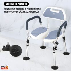 Alternative view of Scaun de baie/dus din aluminiu, Linomag®, Reglabil pe inaltime, Ventuze de prindere, Spatar, Manere detasabile, Suport dus, Spalare multi-directionala, Pentru varstnici si persoane cu dizabilitati, Gri