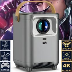 VideoProiector Smart Portabil 4K UHD, Linomag®, WiFi, Bluetooth 5.0, Ecran de până la 200", Android TV, Boxe 5W, Gri