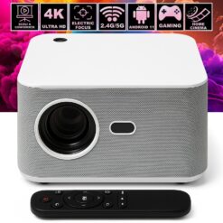 Videoproiector Smart Portabil, Linomag®, 4K Full HD 1080P, 350 ANSI, Autofocus, Android 11, WiFi, Bluetooth, Difuzor Integrat, Telecomandă, Alb/Gri Perlat