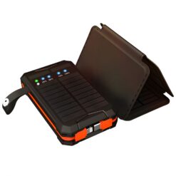 Baterie Externa Solara Linomag®, Power Bank 8000 mAh, 4 Panouri, 1x cablu Lightning & 1x cablu USB Type-C incluse, Waterproof, Negru/Portocaliu, 11.4 x 6.8cm