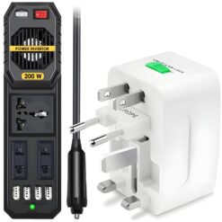 Set Invertor de Tensiune Auto si Adaptor Universal Priza, Linomag®, Dc/Ac 12v/220v, Adaptor priza EU/UK/SUA/JP/CH/AUS/TH, Alb/Negru