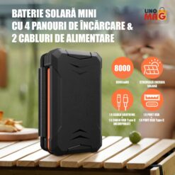 Alternative view of Baterie Externa Solara Linomag®, Power Bank 8000 mAh, 4 Panouri, 1x cablu Lightning & 1x cablu USB Type-C incluse, Waterproof, Negru/Portocaliu, 11.4 x 6.8cm