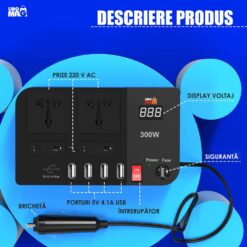 Alternative view of Invertor de Tensiune Auto Portabil, Linomag®, 12V DC la 220V AC, 300W, Afisaj Digital, Prize Universale EU/UK/USA/AU, USB 4.1A, Protectie la Supratensiune, Negru