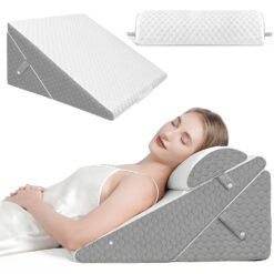 Set 3 Perne Ortopedice Reglabile 10 în 1 Linomag®, Forma de Pana, pentru Somn Confortabil, Recuperare Post-Operatorie si Suport pentru Spate, Gat si Picioare, Husa Detasabila si Lavabila, Alb/Gri Plumb