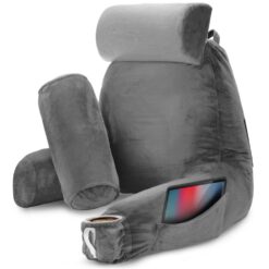 Perna pentru Citit cu Cotiere, Suport pentru Cap/Gat Detasabil & Suport pentru Picioare, Linomag®, 2 x Buzunare Laterale, Gri, 91.5x75cm