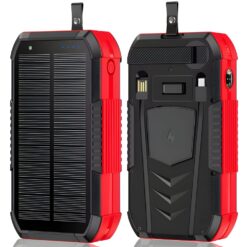 Baterie Externa Solara Linomag®, Power Bank 40000 mAh, 2 cabluri, 4 porturi, Incarcare wireless, Busola & Lanterna incorporate, Incarcare rapida, Waterproof, Ideală pentru Calatorii si Camping, Negru/Rosu