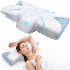 Pernă Ortopedică din Spumă cu Memorie, Linomag®, Design Ergonomic pentru Suport Cervical, Relaxare și Aliniere a Coloanei, Ideală pentru Durerea de Gât și Spate, pentru Dormitul Lateral, Spate sau Stomac, Husa lavabila, Alb/Albastru deschis, 60x35x11.5cm