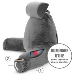 Alternative view of Perna pentru Citit cu Cotiere, Suport pentru Cap/Gat Detasabil & Suport pentru Picioare, Linomag®, 2 x Buzunare Laterale, Gri, 91.5x75cm