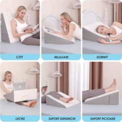 Alternative view of Perna Suport cu Plan Inclinat din Spuma cu Memorie, Linomag®, pentru Dormit, Antireflux, Sforait, Apnee, Recuperare, Relaxare, Citit, Lavabila, Alb/Gri carbon, 61x61x25.5cm