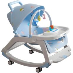 Balansoar Multifunctional 5 in 1 Linomag®, Scaun de Masa, Carucior, Masuta Ajustabila & Detasabila, Spatar Rabatabil, Coperina Ajustabila, Jucarii Detasabile, Buzunar Depozitare, Centura de Siguranta, 0-36 Luni, Albastru