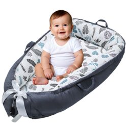 Cosulet Bebelusi pentru Dormit tip Baby Nest, Linomag®, cu Doua Fete, 0-24 Luni, 90x55cm, Husa Bumbac, Confort & Siguranta, Alb/Gri