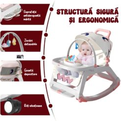 Alternative view of Balansoar Multifunctional 5 in 1 Linomag®, Scaun de Masa, Carucior, Masuta Ajustabila & Detasabila, Spatar Rabatabil, Coperina Ajustabila, Jucarii Detasabile, Buzunar Depozitare, Centura de Siguranta, 0-36 Luni, Roz