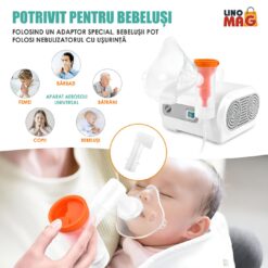 Alternative view of Aparat Aerosoli Profesional Linomag®, Masca Copii si Adulti, Adaptor Bebelusi, Nebulizator Inhalator cu Compresor, Particule 2-3µm, Timer, Putere 168VA, Portabil, Silentios, Alb