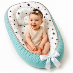 Cosulet Bebelusi pentru Dormit tip Baby Nest, Linomag®, cu Doua Fete, 0-24 Luni, 90x55cm, Husa Bumbac, Confort & Siguranta, Alb/Turcoaz