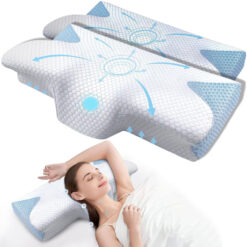 Set 2 Perne Ortopedice din Spumă cu Memorie, Linomag®, Design Ergonomic pentru Suport Cervical, Relaxare și Aliniere a Coloanei, Ideală pentru Durerea de Gât și Spate, pentru Dormitul Lateral, Spate sau Stomac, Husa lavabila, Alb/Albastru deschis, 62x35x11.5cm