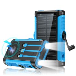 Baterie Externa Solara Linomag®, Power Bank 20000 mAh, 3 cabluri, 4 porturi, Incarcare wireless magnetica, Busola & Lanterna incorporate, Waterproof, Albastru