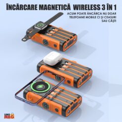 Alternative view of Baterie Externa Solara Linomag®, Power Bank 20000 mAh, 3 cabluri, 4 porturi, Incarcare wireless magnetica, Busola & Lanterna incorporate, Waterproof, Orange