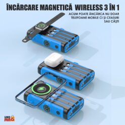 Alternative view of Baterie Externa Solara Linomag®, Power Bank 20000 mAh, 3 cabluri, 4 porturi, Incarcare wireless magnetica, Busola & Lanterna incorporate, Waterproof, Albastru