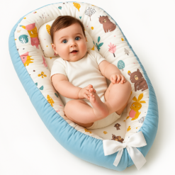 Cosulet Bebelusi pentru Dormit tip Baby Nest, Linomag®, cu Doua Fete, 0-24 Luni, 90x55cm, Husa Bumbac, Confort & Siguranta, Alb/Blue sky