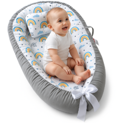 Cosulet Bebelusi pentru Dormit tip Baby Nest, Linomag®, cu Doua Fete, 0-24 Luni, 90x55cm, Husa Bumbac, Confort & Siguranta, Alb/Gri deschis