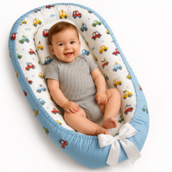 Cosulet Bebelusi pentru Dormit tip Baby Nest, Linomag®, cu Doua Fete, 0-24 Luni, 90x55cm, Husa Bumbac, Confort & Siguranta, Alb/Blue pale