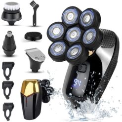 Aparat de Ras Electric Multifunctional Linomag®, Profesional, 7D 5 în 1 cu Capete Rotative Flexibile, Display LED, Rezistent la Apa, USB Reincarcabil, Par, Barba, Nas si Contur, Negru/Auriu