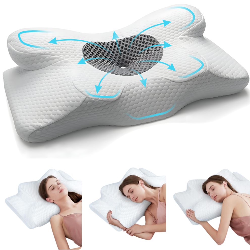 Perna Ortopedica Cervicala pentru dormit Linomag®, Spuma cu Memorie, Forma de fluture, Husa lavabila, Suport pentru cap, gat, umeri si brate, Alb/Gri inchis, 34 x 60 x 13 cm