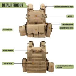 Alternative view of Set Vesta Tactica Reglabila + 2 Placi Balistice NIJ IV, Linovit®, pentru Airsoft, Paintball, Tir sportiv, Outdoor, Vanatoare, Material Oxford 600D, Sistem MOLLE, Rezistent la proiectile perforante 7.62x63mm M2 AP, Kaki