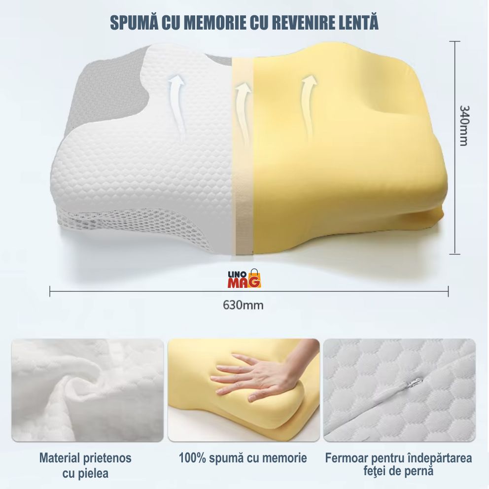Perna Ortopedica Cervicala pentru dormit Linomag®, Spuma cu Memorie, Forma de fluture, Husa lavabila, Suport pentru cap, gat, umeri si brate, Alb/Gri inchis, 34 x 60 x 13 cm - imagine 4