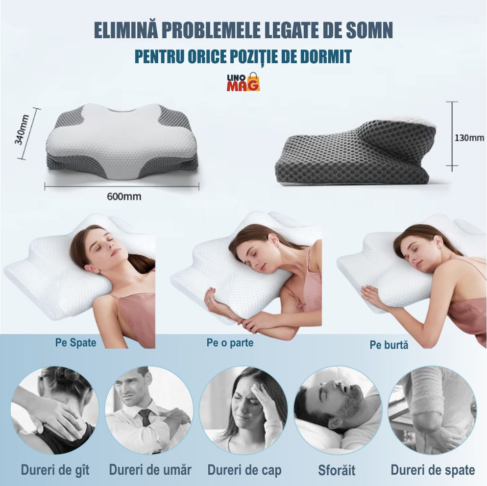 Perna Ortopedica Cervicala pentru dormit Linomag®, Spuma cu Memorie, Forma de fluture, Husa lavabila, Suport pentru cap, gat, umeri si brate, Alb/Gri inchis, 34 x 60 x 13 cm - imagine 6