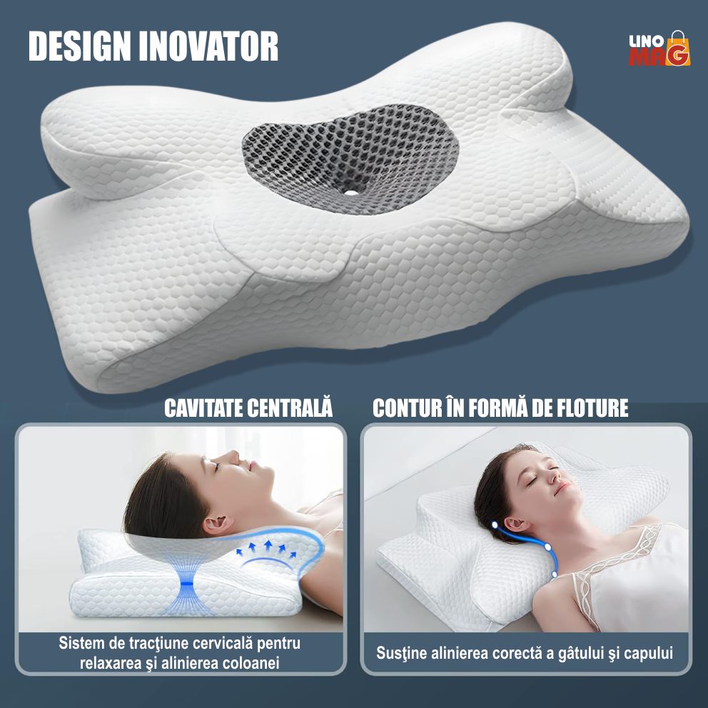 Perna Ortopedica Cervicala pentru dormit Linomag®, Spuma cu Memorie, Forma de fluture, Husa lavabila, Suport pentru cap, gat, umeri si brate, Alb/Gri inchis, 34 x 60 x 13 cm - imagine 7