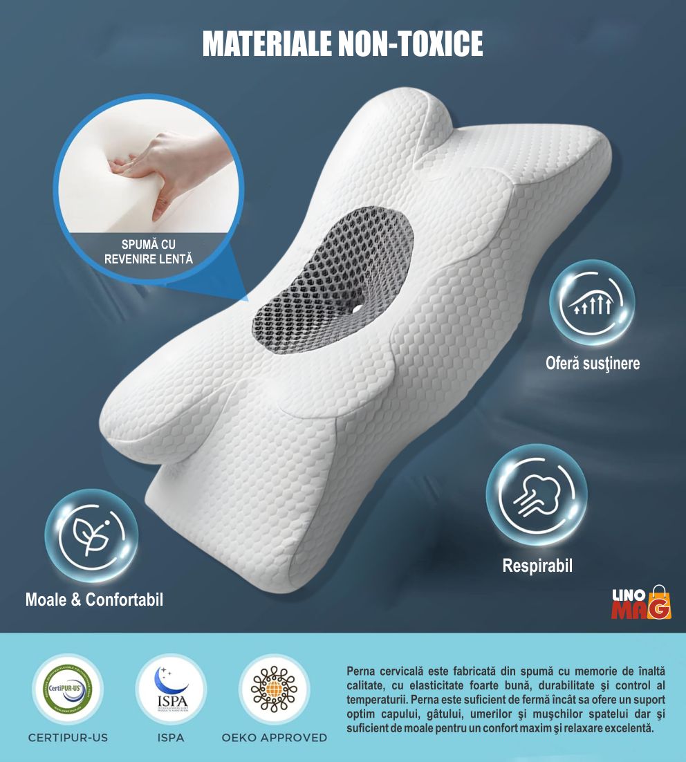 Perna Ortopedica Cervicala pentru dormit Linomag®, Spuma cu Memorie, Forma de fluture, Husa lavabila, Suport pentru cap, gat, umeri si brate, Alb/Gri inchis, 34 x 60 x 13 cm - imagine 8