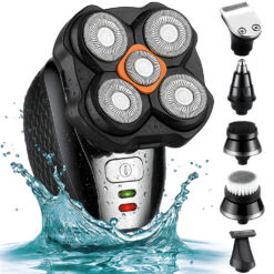 Aparat de Ras Electric Multifunctional Linomag®, Profesional, 5D 6 în 1 cu Capete Rotative Flexibile, Rezistent la Apa, USB Reincarcabil, Cap, Barba, Nas si Contur, Negru/Argintiu